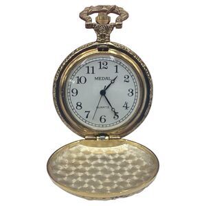 Vintage Medal Gold Tone Quartz Pocket Watch Hunting Scene New Battery